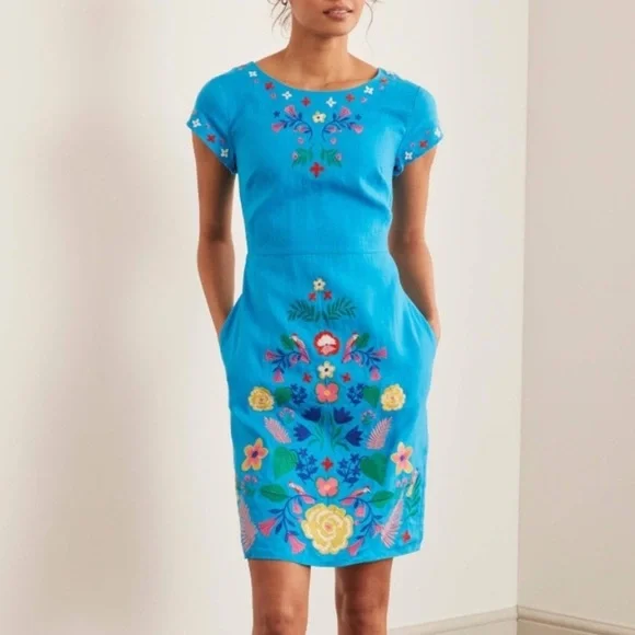 Boden Laura Linen Blue Lagoon Shift Dress Floral Embroidered Size 2R - Picture 1 of 16